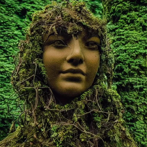 Prompt: A stone statue of a woman covered in vines and moss, hidden in the forest, absurdist art, trees