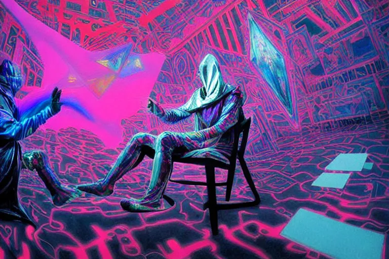 Prompt: a highly detailed beautiful masterpiece photograph of a technomancer wizard in dazzle camouflage robes with pointed hood facetiming his AI djinn hologram in his laboratory near a holographic super-computer by Remedios Varo and Anato Finnstark and Greg Rutkowski and Andy Warhol, dayglo pink, dayglo blue, prismatic, pearlescent white, raven black, hyperrealism, 8k, trending on ArtStation, rendered in Octane, rendered in Unreal engine, award winning, volumetric lighting