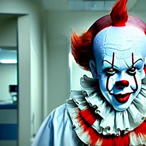 Image similar to a photograph of pennywise wearing a doctor's gown in a hospital, with a lab coat, with a stethoscope, hyperdetailed, intricate, dramatic, horror movie, movie still, 4 k realistic, volumetric lighting, sharp focus, american shot