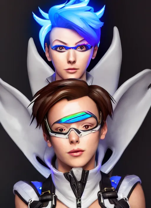 Image similar to portrait bust digital artwork of tracer overwatch, wearing white iridescent rainbow latex and leather straps catsuit outfit, 4 k, expressive happy smug expression, makeup, in style of mark arian, angel wings, wearing detailed black leather collar, chains, black leather harness, detailed face and eyes,