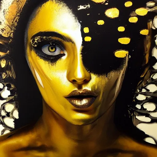 Prompt: liquid marble acrylic fluid paint, portrait, golden and black liquid materials, abstract art, beautiful female model standing, face with 3 eyes, semi realism, surreal
