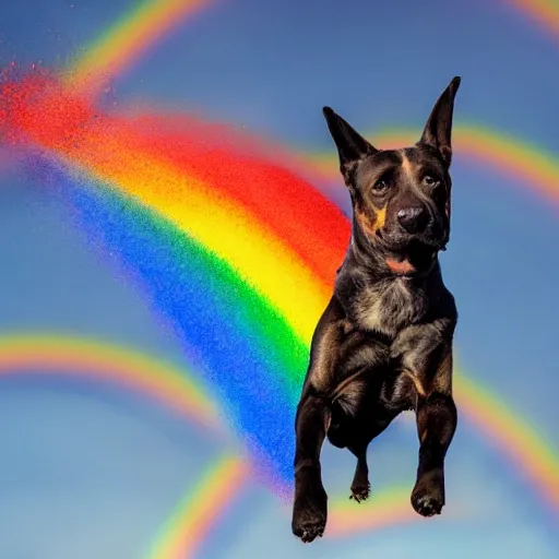 Prompt: a dog flying above a rainbow barroque