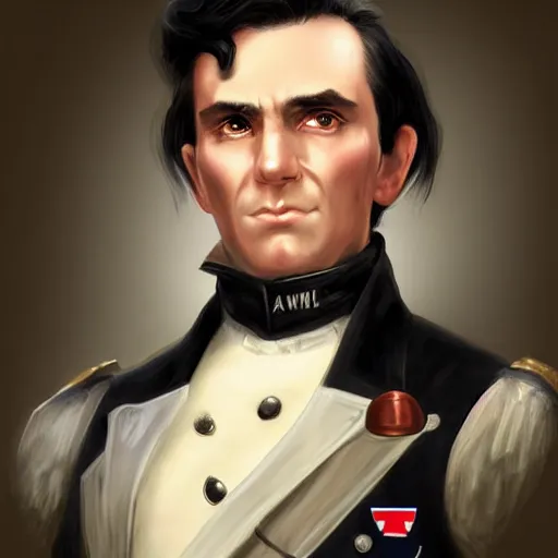 Image similar to a clean shaven confederate general with puffy black sideburns short black hair a side part and a square face, an english man, dnd character art, painting by artgerm and ed binkley, HDR color