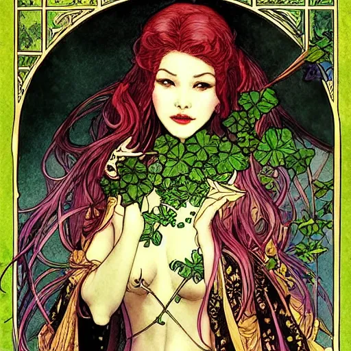 Prompt: a beautiful tarot card of poison ivy as a medieval chinese princess, dark eyeliner, intricate, elegant, highly detailed, digital painting, artstation, concept art, matte, sharp focus, illustration, art by rebecca guay and by arthur rackham and by alphonse mucha and by john william waterhouse