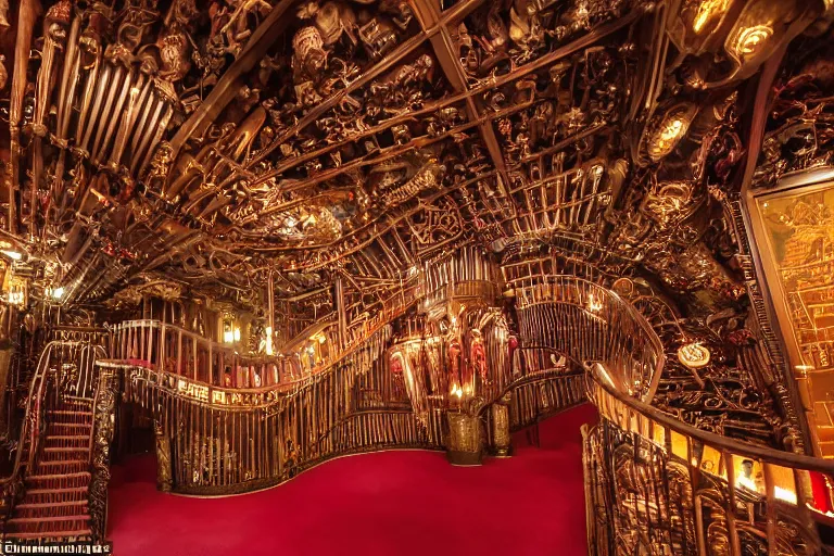 Image similar to the interior of the organ room at house on the rock is made of red carpet and black wrought - iron, and is full of cluttered arrangements of parts of pipe organs, clock gears, and engine components surrounded by curved elevated walkways, interwoven catwalks, spiral ramps, and twisted staircases.