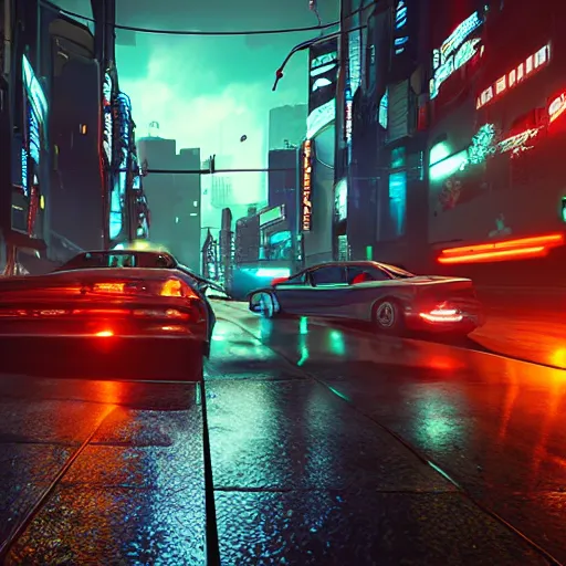 Image similar to cyberpunk street with flying cars, night, rain, rain puddles, realistic, high details, 4k