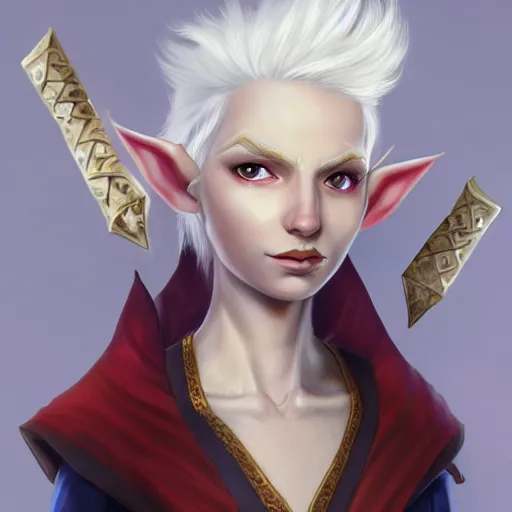 Image similar to Beautiful white haired aged fair skinned scholar elf with spell scroll and lightning background, full body, symmetrical, realism, digital painting, detailed artwork, portrait, mythical, artstation