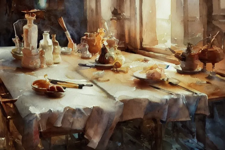 Image similar to paint brush strokes, abstract watercolor painting of medieval food serving, table cloth, art by hans dahl, by jesper ejsing, art by anders zorn, wonderful masterpiece by greg rutkowski, cinematic light, american romanticism by greg manchess, creation by tyler edlin