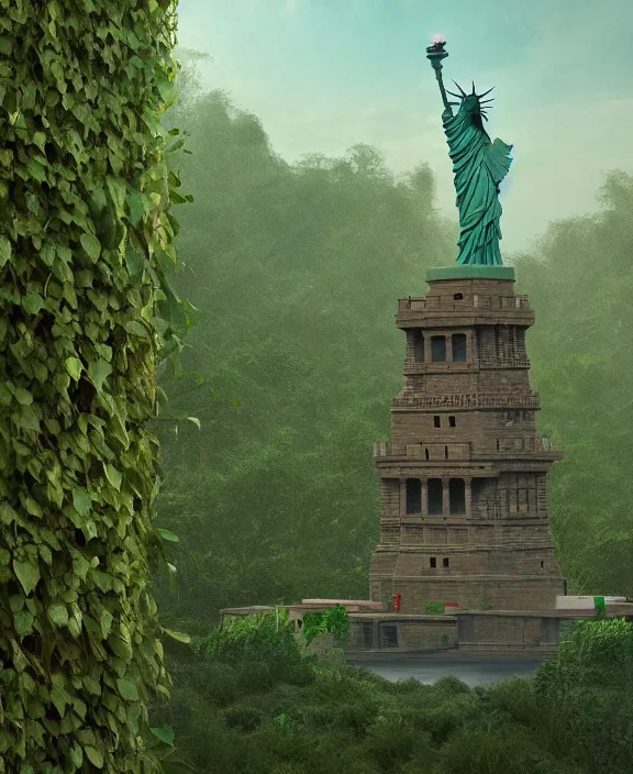 Image similar to highly detailed digital matte painting of a Lady Liberty statue covered in vines with overgrowth Full shot. By Raphael LaCoste and Ruan Jia and Robert McCall, postcyberpunk, geodesic dome, hyperdetailed, sunrise, wide shot, autochrome, octane render