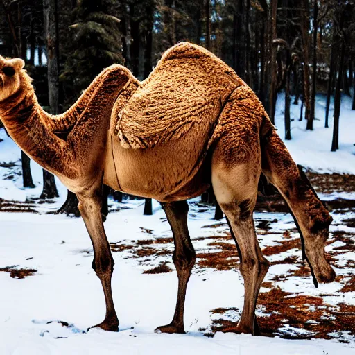 Prompt: a camel walking in a snowy forest, close photo, wildlife photography