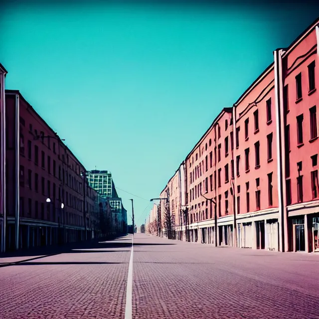 Prompt: empty town street with identical high soviet endless buildings. perfect grass lawn in the center of the frame instead of asphalt and road. without trees. cinematic