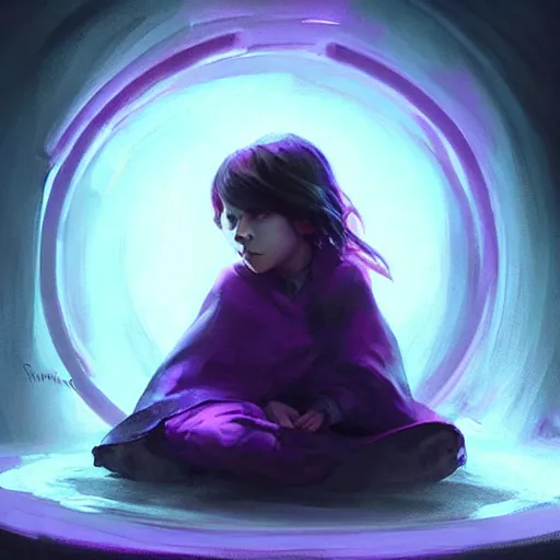 Prompt: young creepy girl sitting inside circle of dark !!!!!purple fire!!!!!, painted by raymond swanland, little nightmares, detailed,