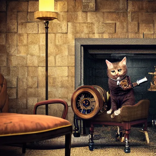 Image similar to steampunk cat sits in a chair in front of a fireplace in a book lined room and smokes a pipe, high realistic, high detailed, octane render