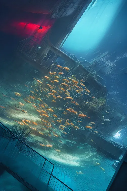 Image similar to hyperrealistic precisionist cinematic underwater dystopian futurist city ruins with giant bioluminescent multicolored mutant fish and cyborg jellyfish, digital art masterpiece, aykut aydogdu eric zener, very dramatic volumetric light, long shot, ground angle uhd 8 k, deep focus