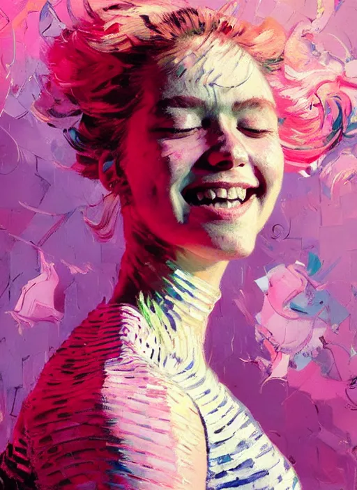 Prompt: portrait of a beautiful girl, smiling, ecstatic dancing, eyes closed, shades of pink, beautiful face, rule of thirds, intricate outfit, spotlight, by greg rutkowski, by jeremy mann, by francoise nielly, by van gogh, digital painting