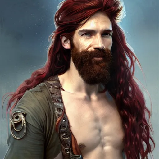 Image similar to portrait of a young ruggedly handsome but optimistic pirate, male, masculine, upper body, red hair, very long hair, d & d, fantasy, intricate, elegant, highly detailed, digital painting, artstation, concept art, matte, sharp focus, illustration, art by artgerm and greg rutkowski and alphonse mucha