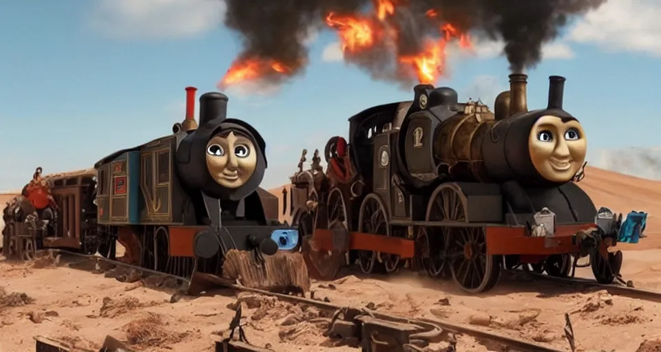 Image similar to steampunk Thomas the Tank Engine with fire in MAD MAX: FURY ROAD