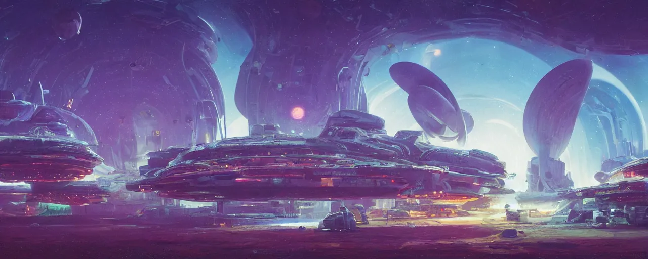 Image similar to ” intergalactic spaceport with clear plastic vehicle tubes, [ art by paul lehr, cinematic, detailed, epic, widescreen, opening, establishing, mattepainting, photorealistic, realistic textures, octane render ] ”