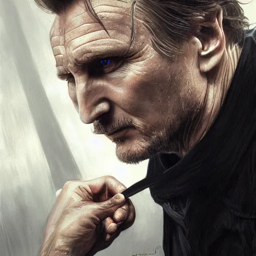 Image similar to portrait of Liam Neeson doing a throat chop, black suit, fantasy, intricate, elegant, realistic, highly detailed, digital painting, artstation, concept art, smooth, sharp focus, illustration, art by artgerm and greg rutkowski and alphonse mucha