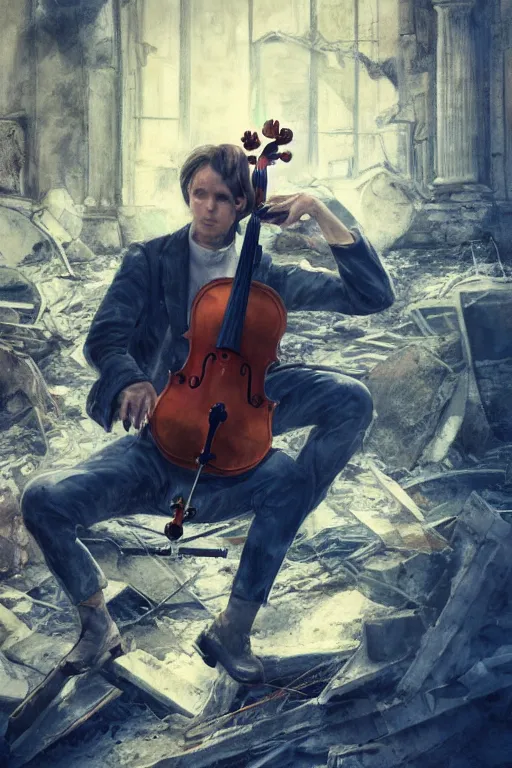 Prompt: a portrait of a cellist playing in the rubble of a fallen building, beautifully lit, slightly surreal, artstation