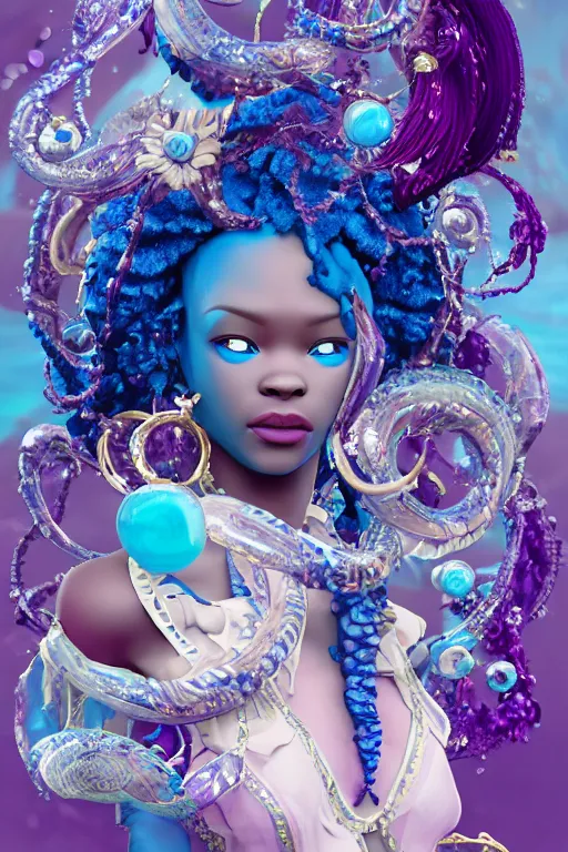 Prompt: epic 3 d yemaya, caring african goddess, liquid fish and flowers spinning, 2 0 mm, with cerulean and white foam, melting smoothly into asymmetrical bubbles and flowers, liquid, delicate, intricate, houdini sidefx, trending on artstation, by jeremy mann and ilya kuvshinov, jamie hewlett and ayami kojima