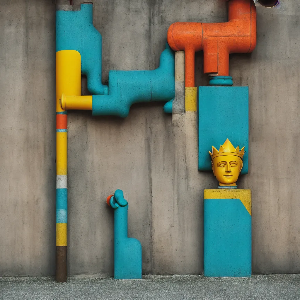 Image similar to kodak portra 4 0 0, 8 k, shot of a highly detailed, britt marling style, colour still - life portrait of a large pipe organ, rough concrete walls, a single rough carved wooden teal and orange striped coloured statue is standing on a concrete podest with a yellow crown on his head, muted colours