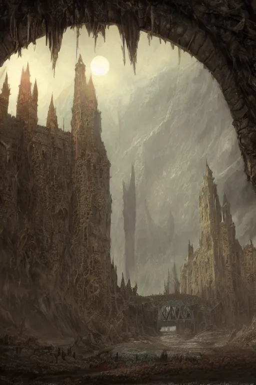 Image similar to Moria The Bridge of Khazad-dûm in the evening, detailed matte painting, cinematic, Alan Lee, Artstation