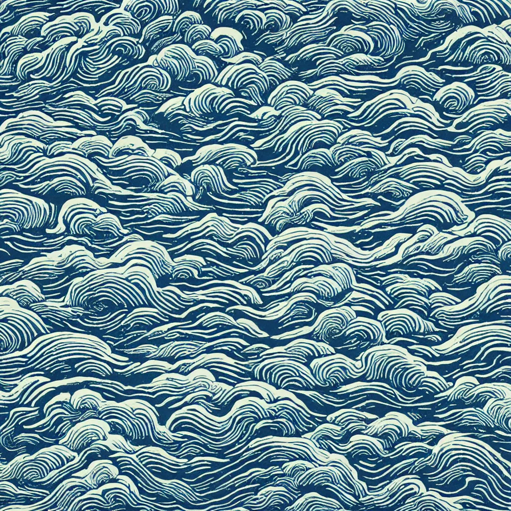 Prompt: optical illusion woodblock print, supercell clouds over the ocean stamp pattern