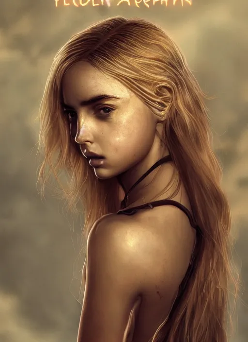 Prompt: blond girl hell spawn at the fiery pits of hell, flawless symmetrical pretty cute face, ana de armas, greg rutkowski, 8 k, shallow depth of field, intricate detail, concept art,