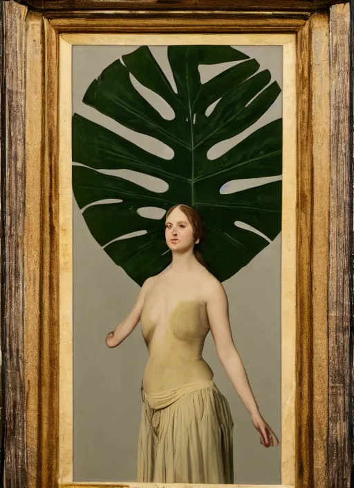 Prompt: a woman in dress inspired by monstera leaves in the style of the dutch masters and gregory crewdson dark and moody