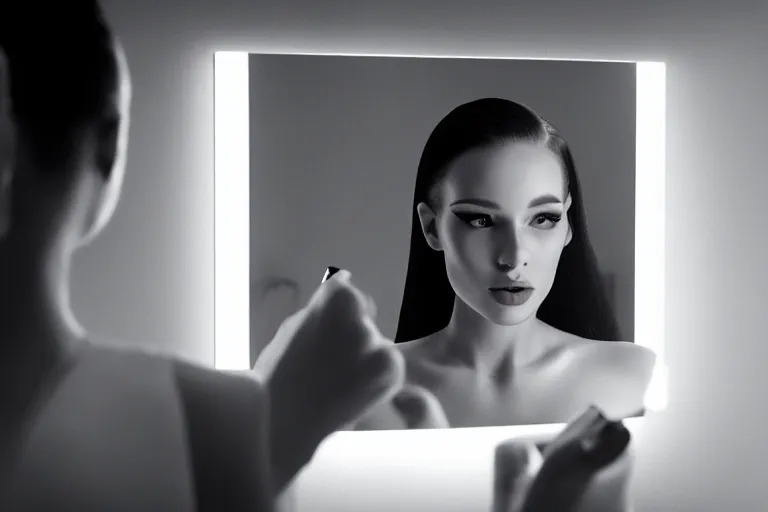 Prompt: beautiful female android, putting on makeup in front of a bathroom mirror, cinematic black and white movie still