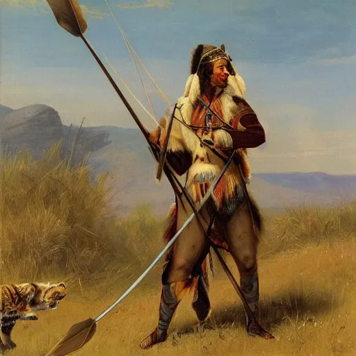 Prompt: american indian hunting sabertooth tiger with bow and arrow, plains by emanuel leutze
