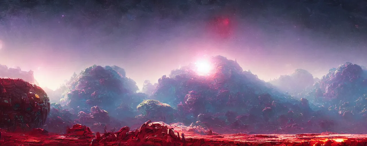 Image similar to ” outer planet landscape, [ cinematic, detailed, epic, widescreen, opening, establishing, mattepainting, photorealistic, realistic textures, octane render, art by paul lehr ] ”