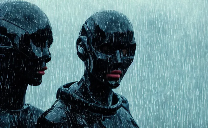 Image similar to cinestill 5 0 d candid photographic portrait by christopher nolan of two loving female androids wearing rugged black mesh techwear in treacherous waters, extreme closeup, modern cyberpunk moody emotional cinematic, pouring rain menacing alien ship lights, 8 k, hd, high resolution, 3 5 mm, f / 3 2, ultra realistic faces, ex machina