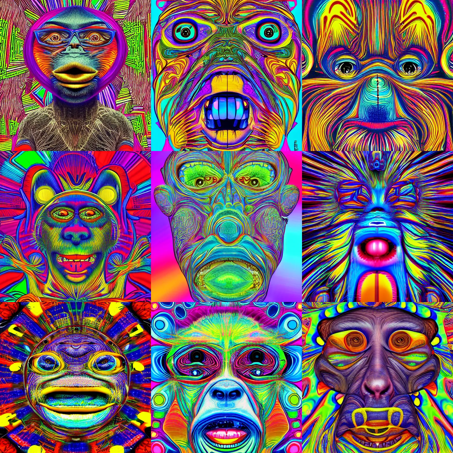 Prompt: a funky monkey with a silly face, manic, depressed, lysergic, centered, symmetry, digital art, 4k, vibrant, detailed, hyper realism, maximalist
