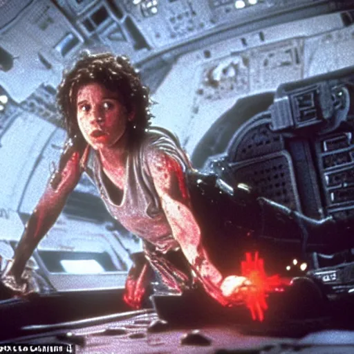 Image similar to half and covered in blood, ellen ripley, performed by emilia clarke, fights off hordes of aliens on the millennium falcon, holding a minigun in her right hand behind her and helps her with shots from a laser pistol. the style of films from the 8 0 s