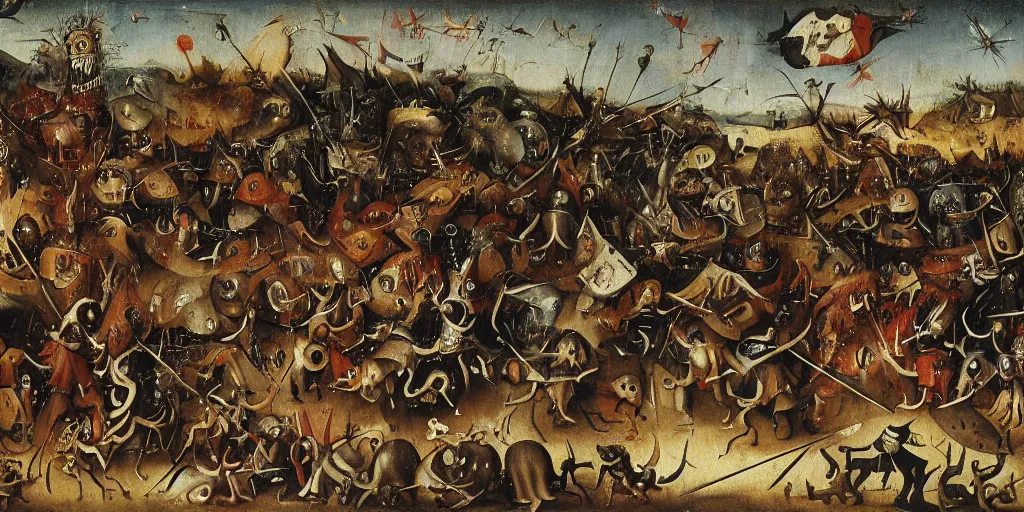 Image similar to a fantasy monster fighting an army of knights as drawn by hieronymus bosch, oil painting, highly detailed