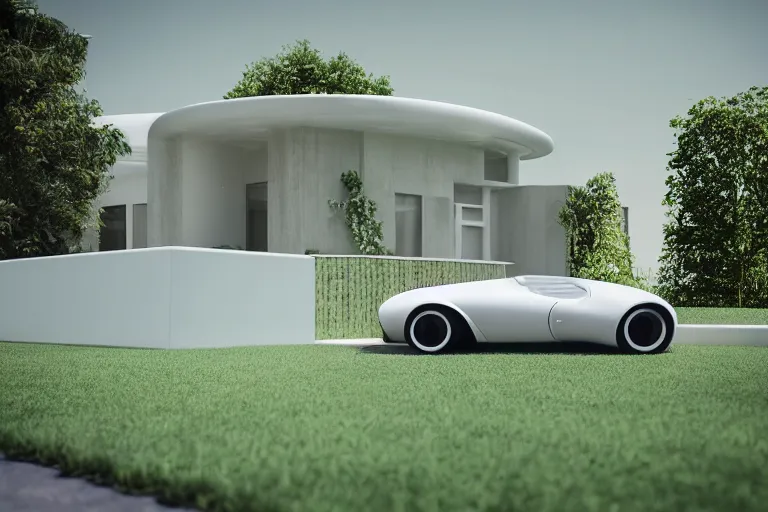 Prompt: a house in the 1950's future house, retrofuturim, lawn, trees, white picket fence, futuristic car parked on the driveway, realistc octane render, depth of field, soft lighting, 8k