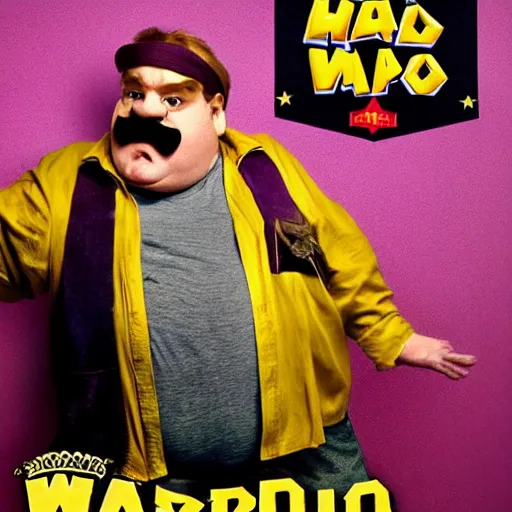 Prompt: live-action-Wario-hollywood movie casting, played by Chris Farley, posing for poster photography