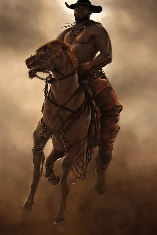 Prompt: a beautiful dramatic epic painting of a handsome! thick shirtless black man. he is wearing a leather harness and cowboy hat. prairie setting, dust clouds. homoerotic, highly detailed, dramatic lighting. by Mark Maggiori, by William Herbert Dunton, by Charles Marion Russell | trending on artstation