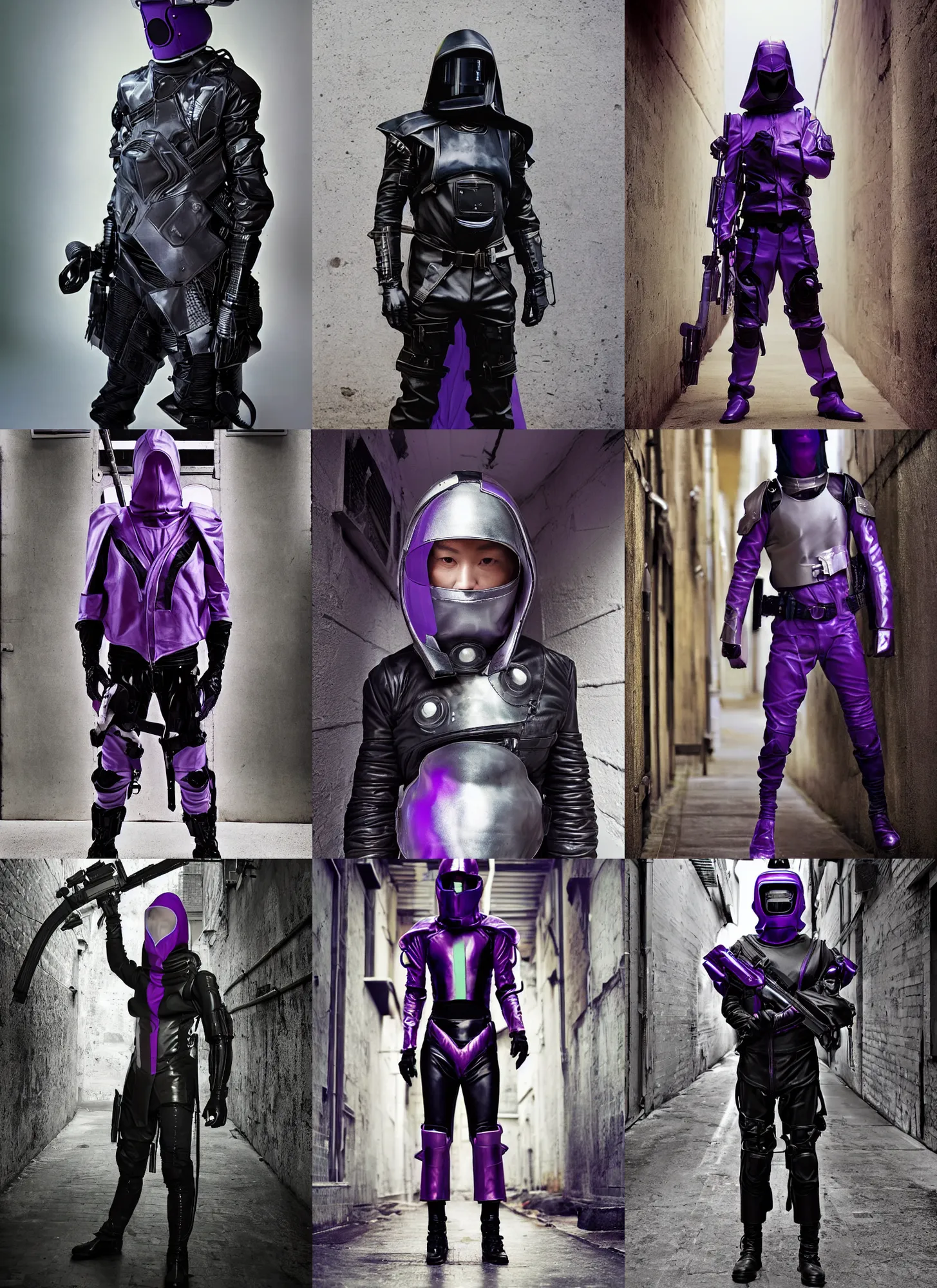 Prompt: male with white sci - fi tactical gear, black leather garment, purple transparent sci - fi hood, full shot fashion photography, alleyway, battle ready, by irving penn and storm thorgerson, ren heng, peter elson
