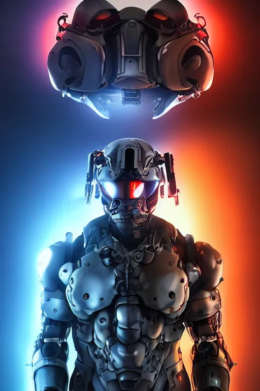 Image similar to cyber cyborg ninja mask helmet metal gear solid artic suit swat commando, global illumination ray tracing hdr fanart arstation by sung choi and eric pfeiffer and gabriel garza and casper konefal, a spectacular view cinematic rays of sunlight comic book illustration, by john kirby