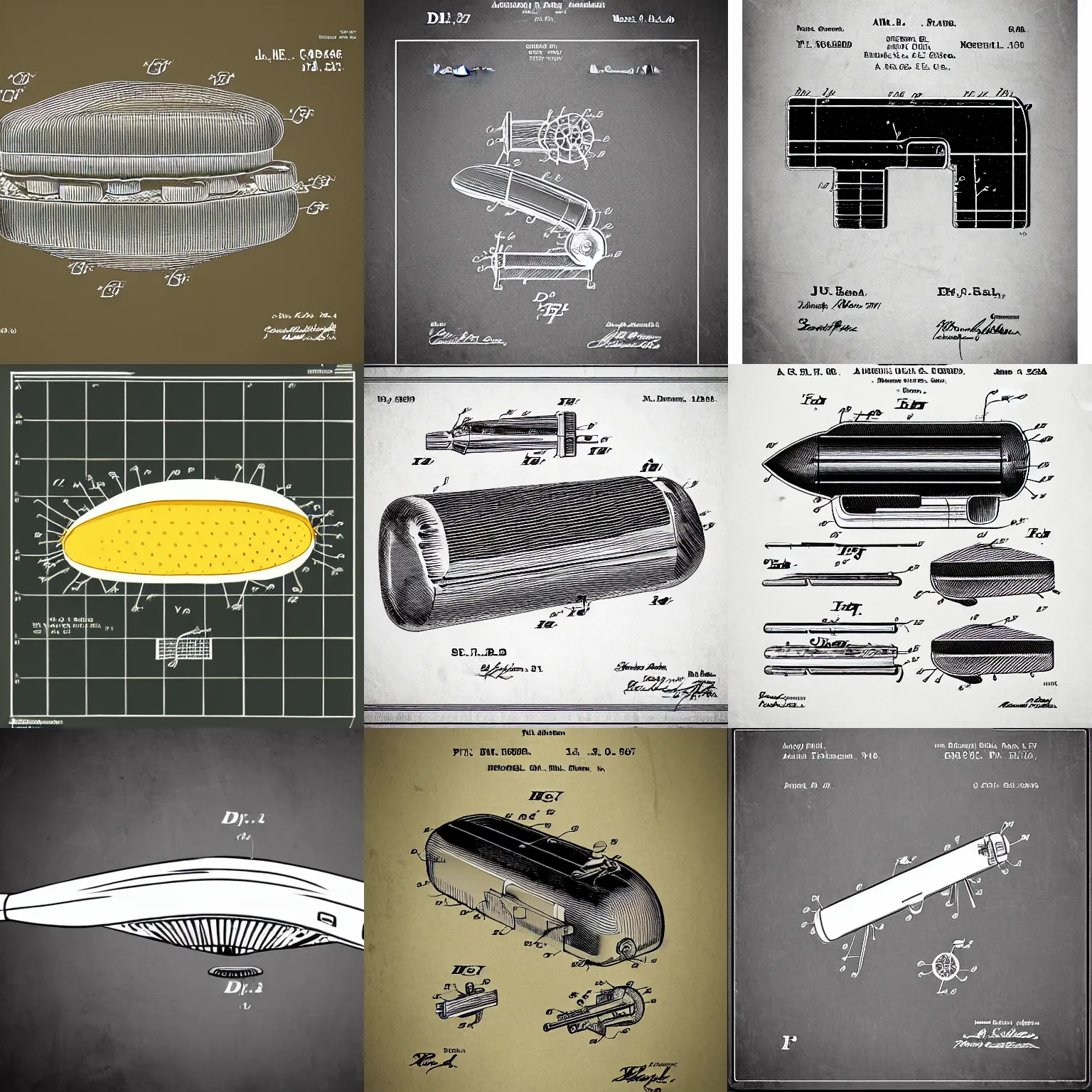 Prompt: Patent illustration for autonomous flying hamburger gun