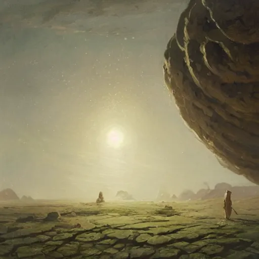 Prompt: a painting of a large smooth crystal cube on a barren alien planet. By carl spitzweg and greg rutkowski