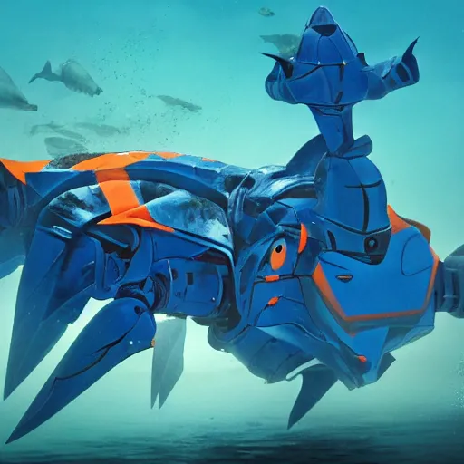 Image similar to a giant athletic sleek well - designed strong blue mecha robot fighting a giant orange monstrous hammerhead shark kaiju creature in waist deep water