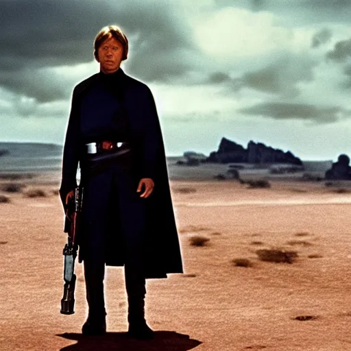 Image similar to clint eastwood as luke skywalker, 4 k, epic, cinematic, focus, movie still, fantasy, serious, extreme detail, atmospheric, dark colour