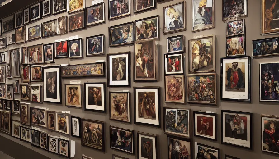 Prompt: a wall full of portrait paintings of good behaving demons, claustrophobic, museum