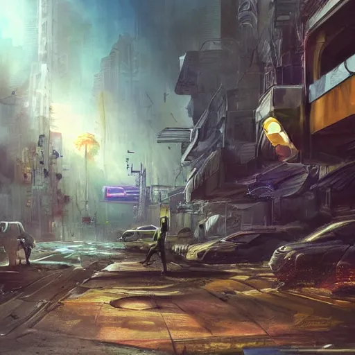 Prompt: sci-fi epic concept art of dried miami city, red dust and smoke in the air, rays of light, neon billboards and dried palmtrees in the streets, mutated aligators in corners epic scene, scifi, hyperrealistic