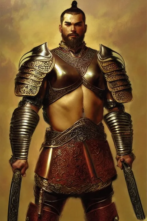 Image similar to attractive beefy male with armor, cloisonnism, ancient china, three kingdoms, character design, painting by gaston bussiere, craig mullins, j. c. leyendecker, tom of finland