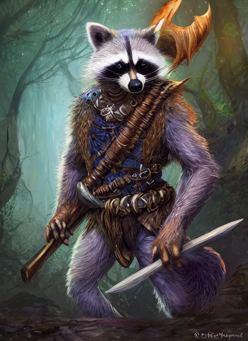 Image similar to human racoon animorphic, ultra detailed fantasy, dndbeyond, bright, colourful, realistic, dnd character portrait, full body, pathfinder, pinterest, art by ralph horsley, dnd, rpg, lotr game design fanart by concept art, behance hd, artstation, deviantart, hdr render in unreal engine 5